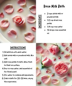 Indulge in the ultimate pampering experience with this Rose Milk Bath. The soothing combination of milk, rose petals, and essential oils will leave your skin feeling soft and rejuvenated. Perfect for a relaxing spa day at home! 🛁🌹✨ #RoseMilkBath #DIYBeauty #NaturalSkincare #Relaxation #HomeSpa #BathTime #SelfCare #SkincareRoutine #EssentialOils #HealthySkin #BathRecipe #PamperYourself What To Do With Rose Petals, Milk Flower Bath, Home Made Bubble Bath, Milk Bath Spiritual, Rose Bath Aesthetic