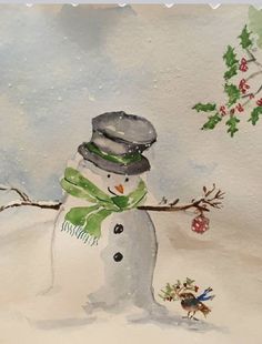 a watercolor painting of a snowman holding a branch