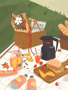 a picnic table with bread, juice and fruit on it is shown in this cartoon