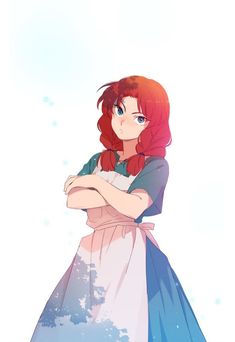 an anime character with red hair wearing a blue and white dress