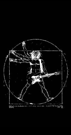 a black and white drawing of a man with a guitar in front of a circle