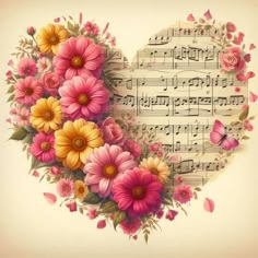 a heart shaped frame with music notes and flowers