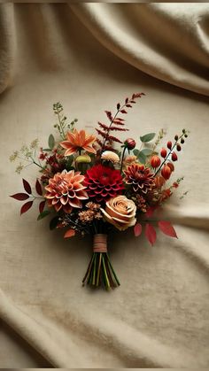 a bouquet of flowers sitting on top of a white cloth