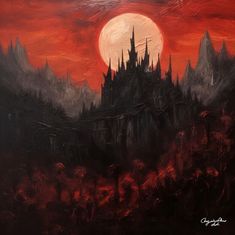 a painting of a castle in the middle of a red sky