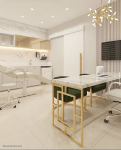 a white and gold dining room with marble table, chairs and television on the wall