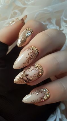 Gilded Age Nails, Great Gatsby Nails 1920s, Crystals Nails Design, Gold Wedding Nails For Bride, Masquerade Nails, Gold Nail Inspiration, Alice Nails, Bridal Nail Designs, Indian Wedding Nails