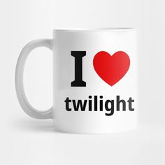 a white coffee mug with i love twilight printed on the front and bottom, in black lettering