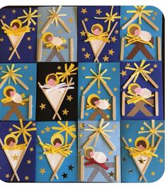 the nativity scene is made out of paper and cut into squares with gold stars