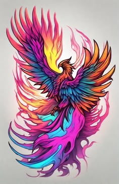 a colorful bird that is flying in the air with flames on it's wings