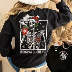 Dispatcher Christmas Sweatshirt, Funny Skeleton Christmas Shirt, Xmas Gift For Dispatcher, Dispatch Shirt, Police Dispatcher, Emergency Tee Note: For Different Color From Colors List Please "Message us or leave a note" MATERIAL UNISEX T-SHIRT - Medium fabric (5.3 oz/yd² (180 g/m - Classic fit - Runs true to size - 100% cotton (fiber content may vary for different colors) - Tear-away label UNISEX SIZING CHART Small: Length 28" - Width 18" (4-6) Medium: Length 29" - Width 20" (6-10) Large: Length 30" - Width 22" (10-14) XL: Length 31" - Width 24" (14-18) 2XL: Length 32" - Width 26" (18-20) 3XL: Length 33" - Width 28" (20-22) All measurements are approximations. Shirts may be within 1" of the dimensions listed The shirts were measured laying on a flat surface, side to side and top to bottom. Dispatch Gift Ideas, Dispatcher Gifts, Dispatch Tumbler Ideas, Dispatcher Sweatshirt, Dispatcher Mugs, Police Dispatcher, Funny Skeleton, Colour List, Christmas Sweatshirts