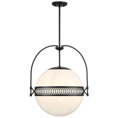 a black and white light fixture with a glass ball hanging from the center of it