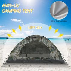 an image of a tent on the beach with text overlay that reads, anti - luv camping tent upf 30 +