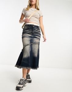 Skirts by Collusion Exclusive to ASOS High rise Belt loops Five pockets Frayed details Regular fit Skirt Ideas, Asymmetrical Shirt, Fishtail Skirt, Style Finder, Top Skirt Set, Denim Midi Skirt, Jeans Rock, Black Rib, Women Skirts Midi