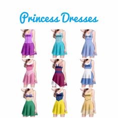 the princess dresses are all different colors