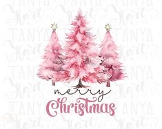 watercolor christmas trees with merry lettering on the top and bottom, in pink tones