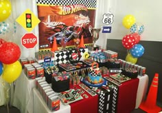 a table topped with lots of candy and balloons