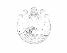 a drawing of a wave with sun and stars above it