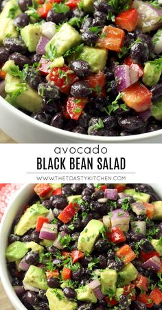 black bean salad with avocado and tomatoes in a white bowl