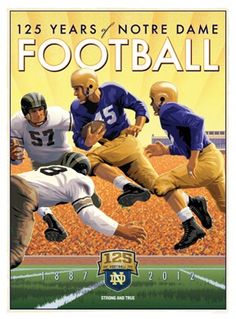 an advertisement for the football team with three men running and one man holding a ball