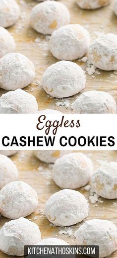 eggless cashew cookies on a baking sheet with text overlay that reads, eggless cashew cookies