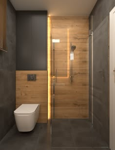 a modern bathroom with wood and glass walls