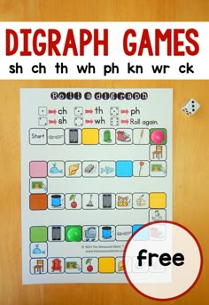 a printable game for children to play with the words diggraph games and dices