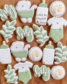 baby shower cookies decorated with green and white icing