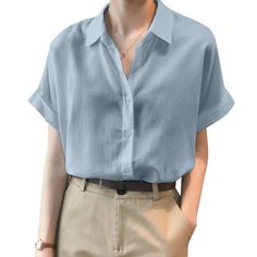 Blue Short Sleeve Shirt Outfit, Blue Button Up Shirt Outfit, Short Sleeve Shirt Outfit, Collar Outfits, Women Fall Tops, Half Shirt, Blue Button Up Shirt, Shirt Illustration, Tunic Tops Casual