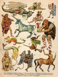 an old book with pictures of animals and people in different poses, including men on horses