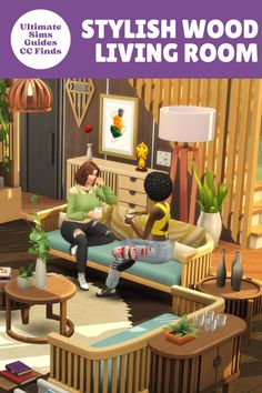 an animated living room with two people sitting on the couch