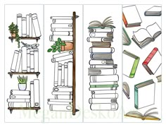 three bookshelves with plants and books on them, one is filled with books