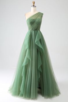 Strapless Tulle Dress For Banquet, Green Off-shoulder Gown For Banquet, Green Off-shoulder Prom Dress, Sleeveless One Shoulder Wedding Dress With Sweep Train, Sleeveless One Shoulder Dress With Sweep Train For Wedding, Green Tulle Bridesmaid Dress For Party, Green Strapless Evening Dress For Prom, One Shoulder Summer Prom Gown, Elegant Green Strapless Dress For Banquet