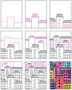 four different buildings are shown with pink and blue lines on the top, bottom, and bottom