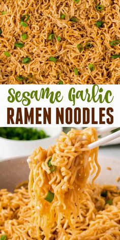 sesame garlic ramen noodles in a white bowl with chopsticks and green onions