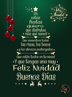 a christmas tree with red balls hanging from it's sides and the words merry written in spanish