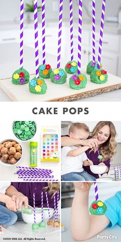 a collage of photos with cake pops and candy sticks in them, including an image of a woman holding a baby