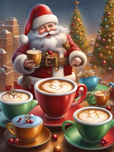 a painting of santa claus holding a cup of coffee and two cups of cappuccino