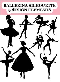 the silhouettes of ballet dancers are shown in black and white, with text that reads ballerina silhouette design elements