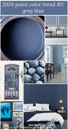 a collage of blue and white paint colors with text that reads, 2012 paint color trend 1 gray blue