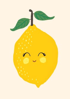 a yellow lemon with eyes closed and a green leaf on top