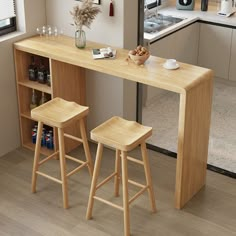 two stools sit at the counter in this modern kitchen