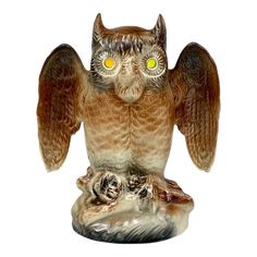 Vintage Porcelain Owl Figural TV Lamp, c. Mid 20th Century  - Pairs Nicely with Many Mid-Century & Eclectic Interior Styles - Designed & Mfg by The Howard Kron Lamp Company - Crafted of Porcelain with an Original Glazed Finish - Figural Owl Motif with Wings Spread - Perforated Eyes for a Soft Illumination (Vintage Green Bulb Included) - Looks Stunning in the Dark - Fully Tested - Backside is Marked "Kron" Eclectic Interior Style, Mid Century Eclectic, Tv Lamp, Eclectic Interior, Interior Styles, Live Light, Vintage Porcelain, Table Lamps, In The Dark