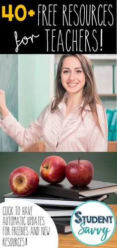 a woman with three apples and the words, free resources for teachers