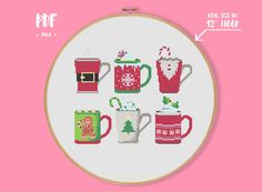 a cross stitch pattern with coffee mugs and christmas decorations on the front, in red and green