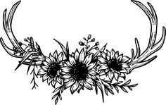 sunflowers and antlers are arranged in the shape of a circle, vintage line drawing or engraving