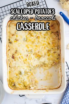 a casserole dish with melted potatoes and chicken in it on a cooling rack