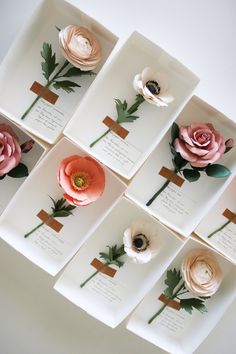 many different types of flowers are arranged on cards