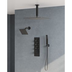 an overhead shower head with thermostaer and hand shower faucet in black