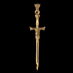 Sculpted with the utmost attention to detail, this 14k yellow gold sword pendant will add a distinguished air of luxury and sophistication to any jewelry collection. Carefully crafted from 14k gold, its finely-crafted contours make it a standout piece with a timeless appeal. 14k Yellow GoldPendant: 62 x 16 mmPlease note: pendant only; chain sold separatelyProcessing time Made to order. Processing time is 4-6 weeks. Shadowhunter Families, Dragon Locket, Polyvore Png, Faberge Jewelry, Goth Jewelry, Books Aesthetic, Round Box, Jewelry Lookbook, Mens Pendant