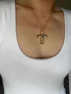 Solid stainless steel jumbo crosses with detailed etching on all corners of the cross with large teal crystals. Great unisex statement cross necklaces. Crosses with option of an 18" gold filled or silver chain. It is of great importance to me that I make jewelry for my customers that I, myself, wear every day. Each jewelry piece is handmade by me personally with love and care. Each item is crafted to the highest quality and made to exceed the expectations of my customers. My jewelry is designed Big Gold Cross Necklace, Gift Cross Necklace With Large Pendant, Cross Necklace With Large Pendant As A Gift, Large Pendant Cross Necklace As Gift, Large Pendant Cross Necklace For Gift, Gold Jewelry With Large Cross Pendant, Giant Cross Necklace, Yellow Gold Cross Necklace With Large Pendant, Big Cross Necklace